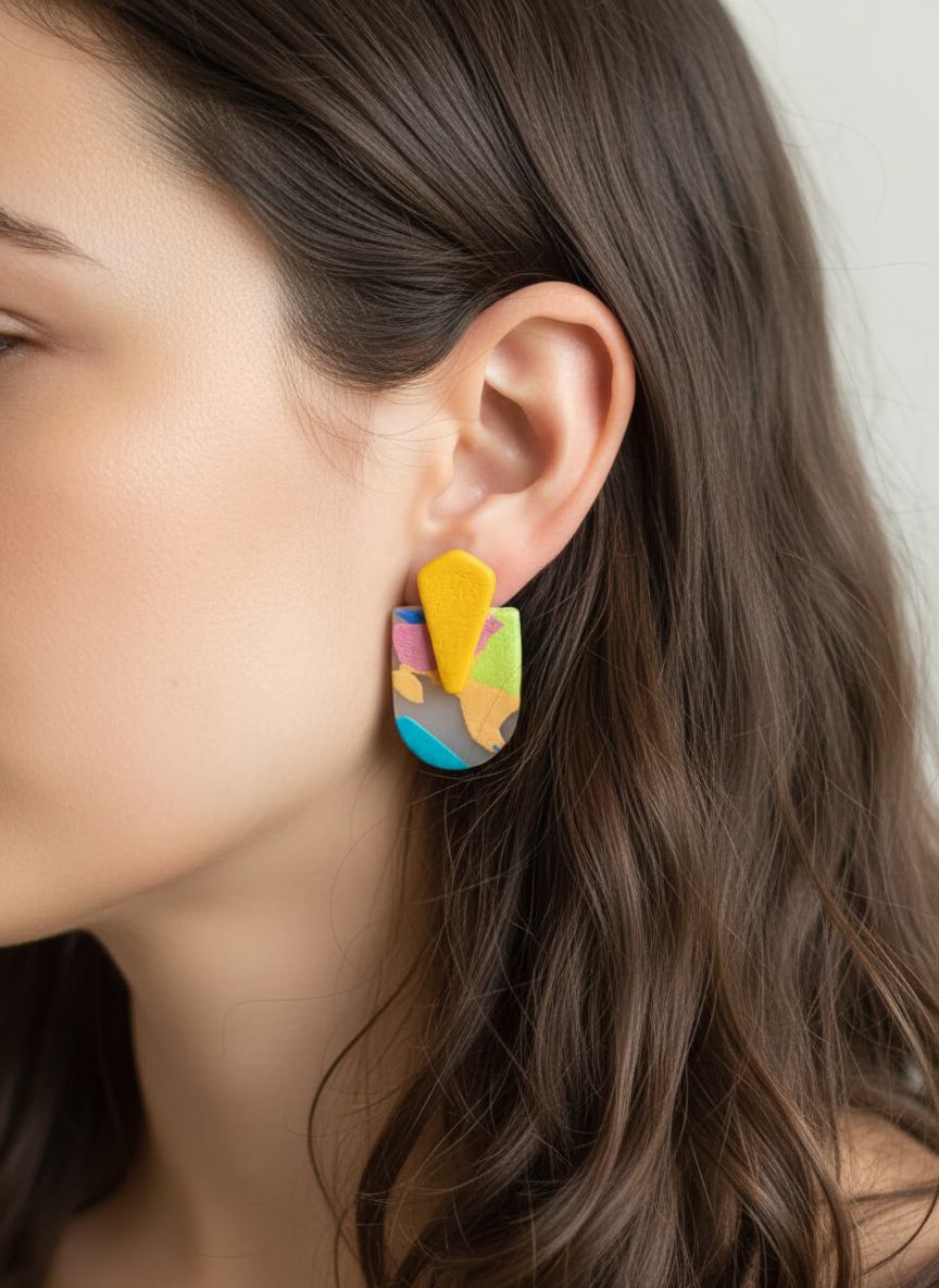 Brinco amarelo na orelha de perfil