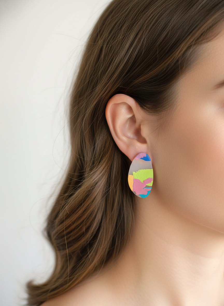 Brinco colorido oval na orelha