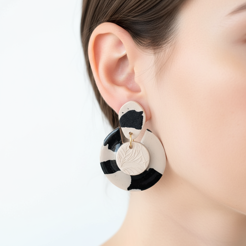 Brincos nude e preto em orelha de perfil
